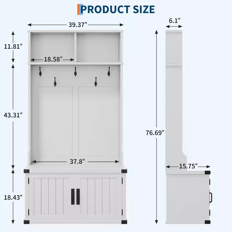 Appendiabiti da ingresso bianco con panca portascarpe, appendiabiti e 5 ganci – Organizer da ingresso 4 in 1
