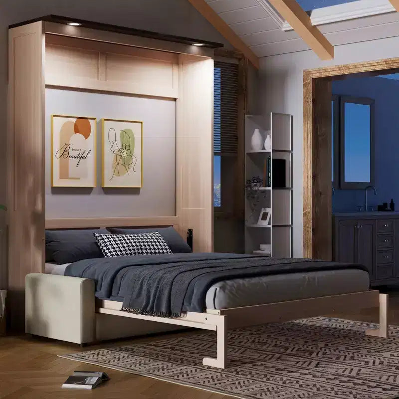 Letto a Scomparsa Queen Size con Divano e Luci LED, Unità Letto a Parete Salvaspazio con Divano Imbottito, Beige - ModernLuxe