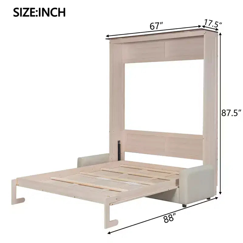 Letto a Scomparsa Queen Size con Divano e Luci LED, Unità Letto a Parete Salvaspazio con Divano Imbottito, Beige - ModernLuxe