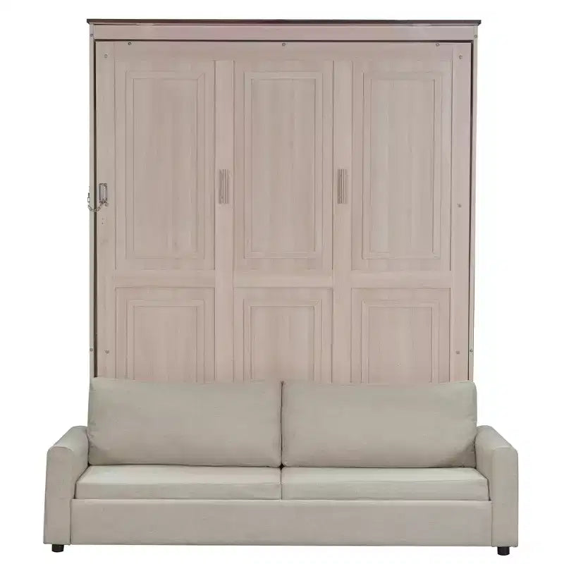 Letto a Scomparsa Queen Size con Divano e Luci LED, Unità Letto a Parete Salvaspazio con Divano Imbottito, Beige - ModernLuxe
