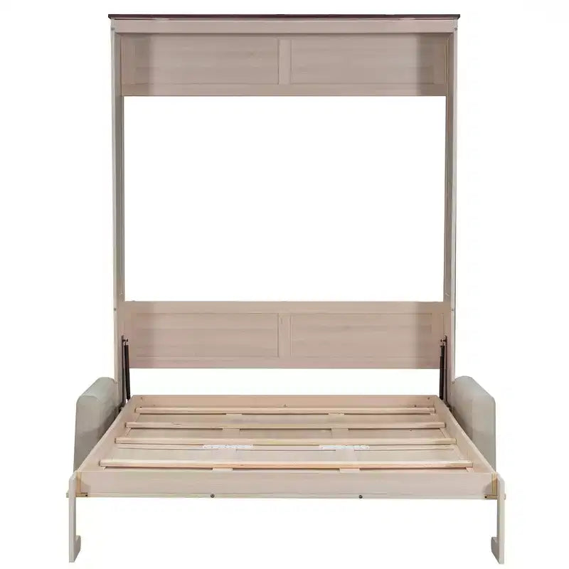 Letto a Scomparsa Queen Size con Divano e Luci LED, Unità Letto a Parete Salvaspazio con Divano Imbottito, Beige - ModernLuxe