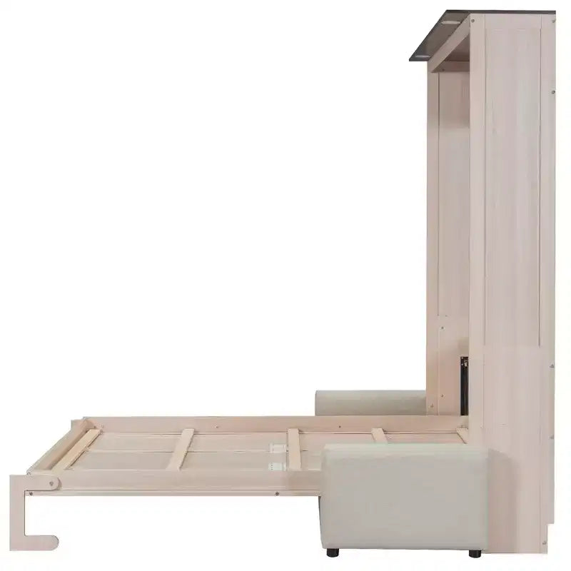 Letto a Scomparsa Queen Size con Divano e Luci LED, Unità Letto a Parete Salvaspazio con Divano Imbottito, Beige - ModernLuxe