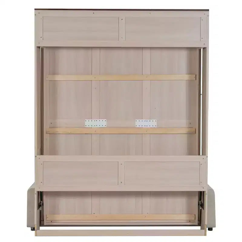 Letto a Scomparsa Queen Size con Divano e Luci LED, Unità Letto a Parete Salvaspazio con Divano Imbottito, Beige - ModernLuxe