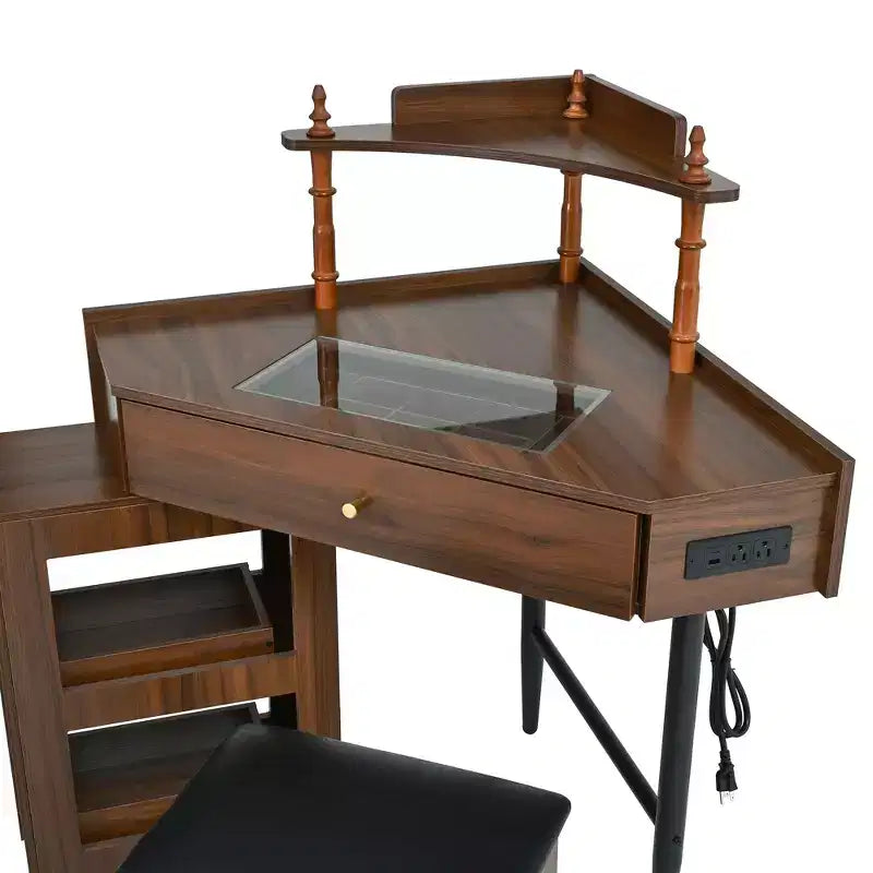 Set toeletta angolare con sgabello e stazione di ricarica, Nero/Noce, Scrivania triangolare, 1 persona
