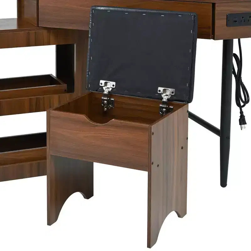 Set toeletta angolare con sgabello e stazione di ricarica, Nero/Noce, Scrivania triangolare, 1 persona