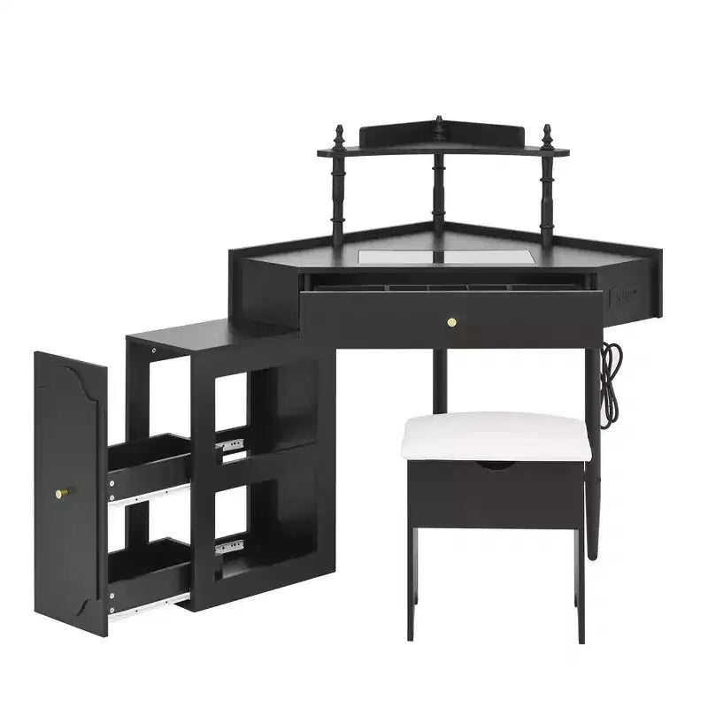 Set toeletta angolare con sgabello e stazione di ricarica, Nero/Noce, Scrivania triangolare, 1 persona