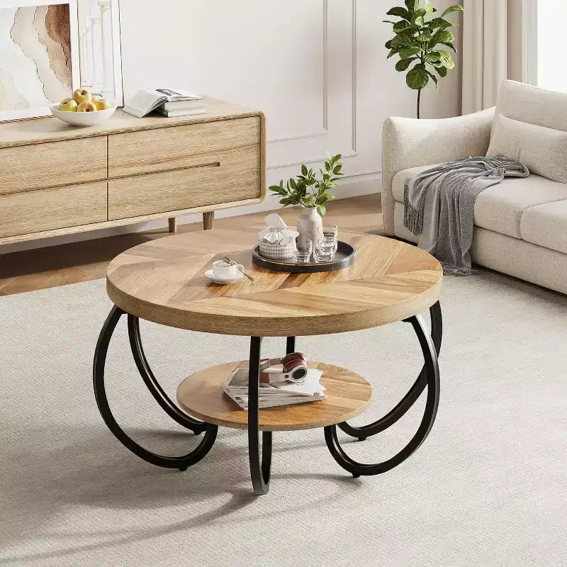 Tavolino da caffè rotondo a 2 ripiani Marrone/Rovere chiaro per 1-4 persone