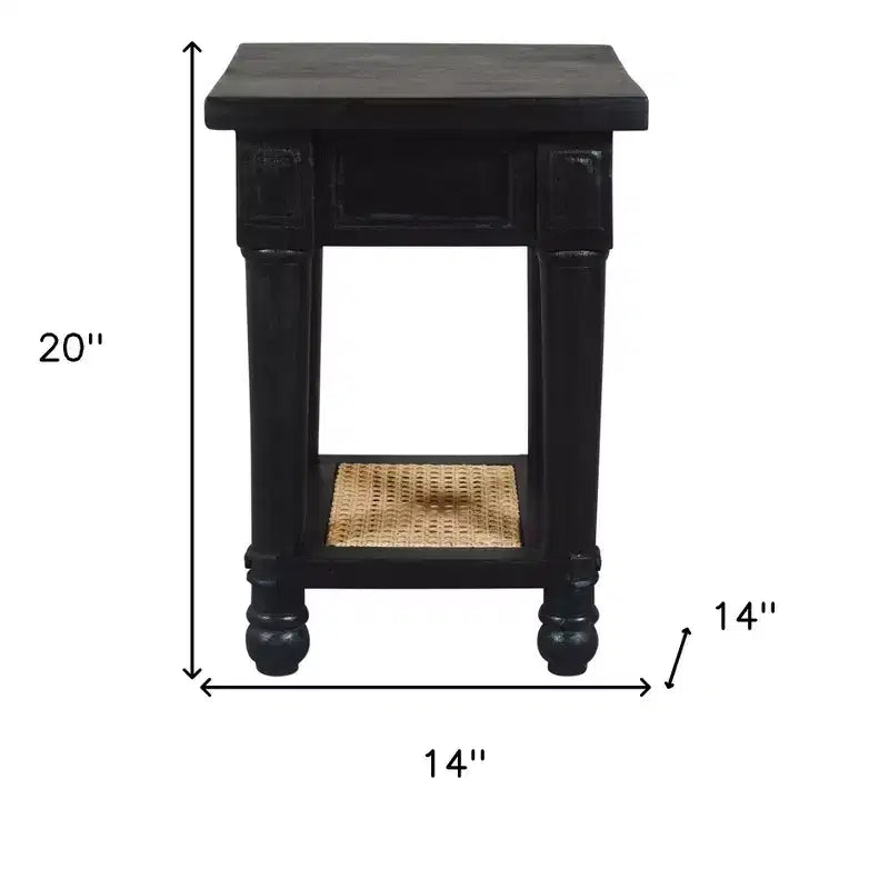 Tavolino quadrato in legno massello e canna con ripiano, 1 pezzo