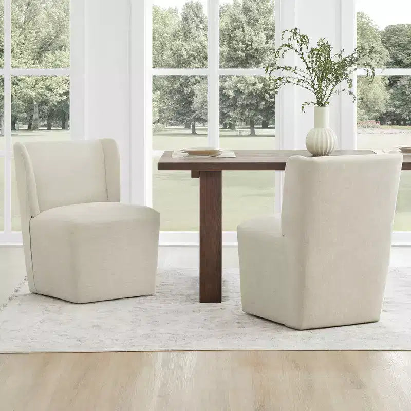 Sedia da pranzo senza braccioli imbottita in lino/kaki con rotelle, 1 posto