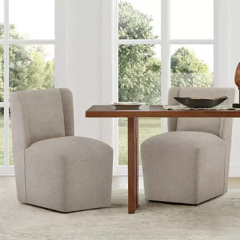 Sedia da pranzo senza braccioli imbottita in lino/kaki con rotelle, 1 posto