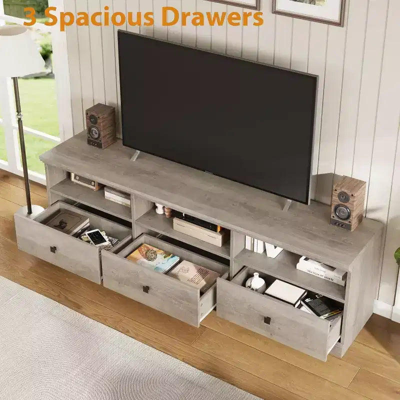 Mobile porta TV moderno stile Mid-Century da 70" – Bianco antico / Grigio / Legno, 3 cassetti e ripiani aperti