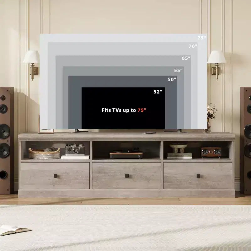 Mobile porta TV moderno stile Mid-Century da 70" – Bianco antico / Grigio / Legno, 3 cassetti e ripiani aperti
