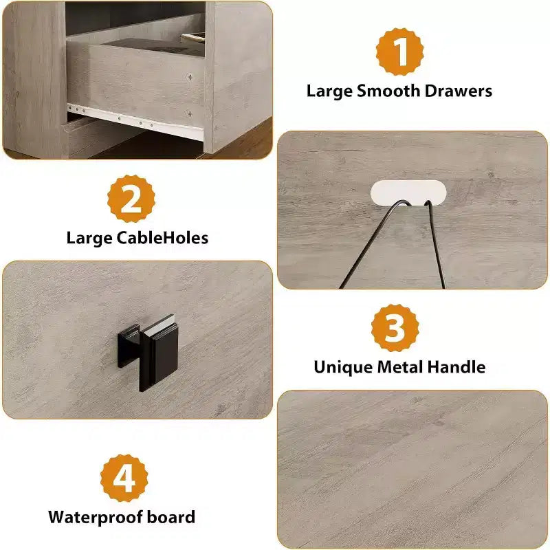 Mobile porta TV moderno stile Mid-Century da 70" – Bianco antico / Grigio / Legno, 3 cassetti e ripiani aperti