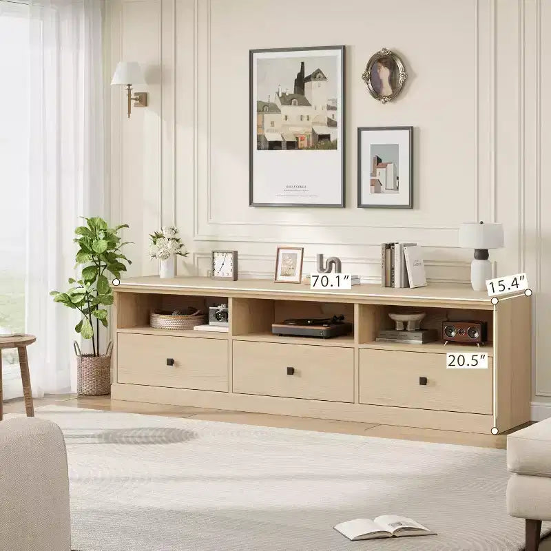 Mobile porta TV moderno stile Mid-Century da 70" – Bianco antico / Grigio / Legno, 3 cassetti e ripiani aperti