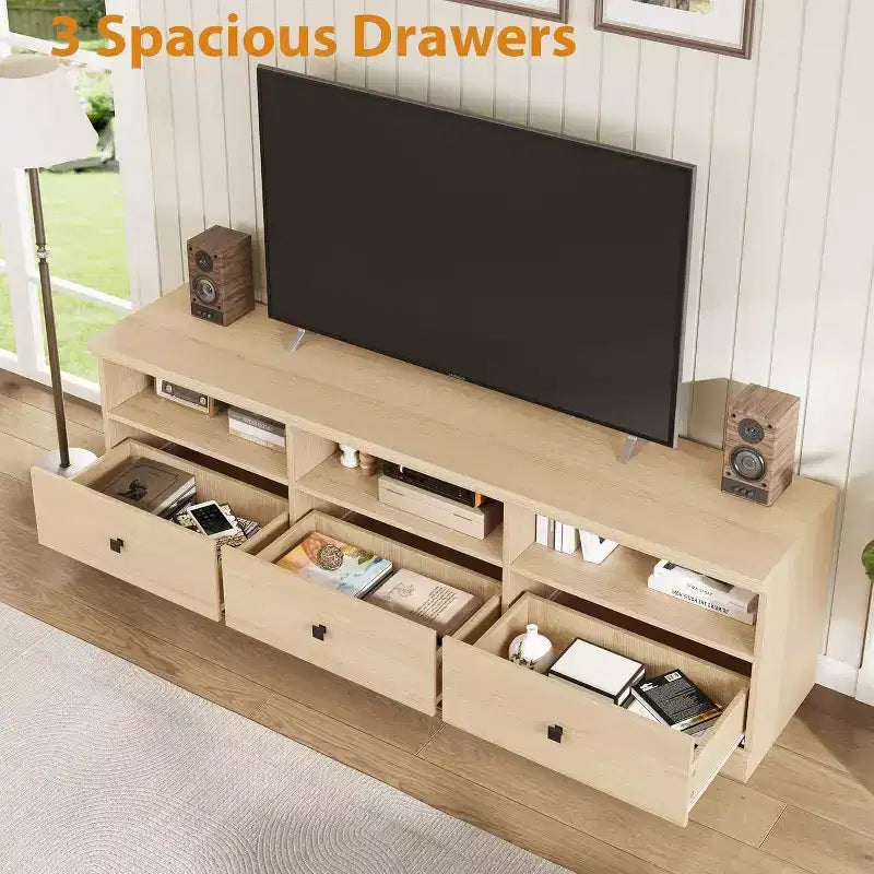 Mobile porta TV moderno stile Mid-Century da 70" – Bianco antico / Grigio / Legno, 3 cassetti e ripiani aperti