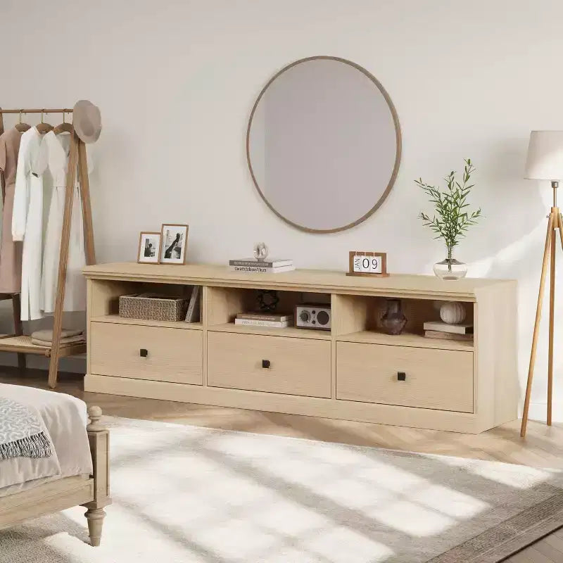 Mobile porta TV moderno stile Mid-Century da 70" – Bianco antico / Grigio / Legno, 3 cassetti e ripiani aperti