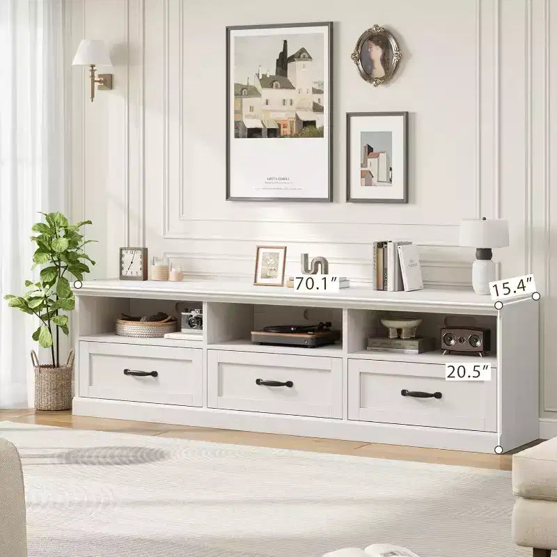 Mobile porta TV moderno stile Mid-Century da 70" – Bianco antico / Grigio / Legno, 3 cassetti e ripiani aperti