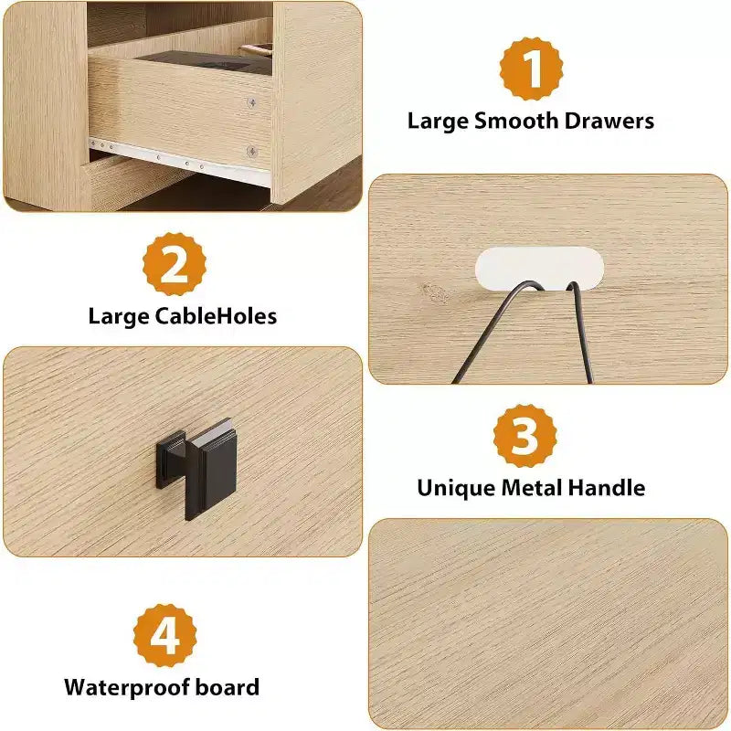 Mobile porta TV moderno stile Mid-Century da 70" – Bianco antico / Grigio / Legno, 3 cassetti e ripiani aperti