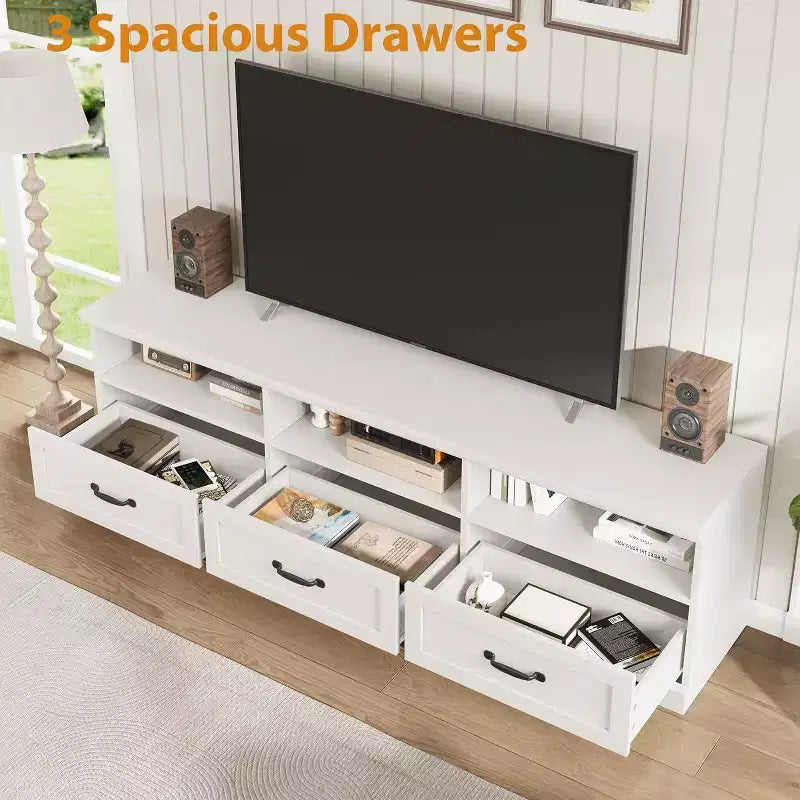 Mobile porta TV moderno stile Mid-Century da 70" – Bianco antico / Grigio / Legno, 3 cassetti e ripiani aperti
