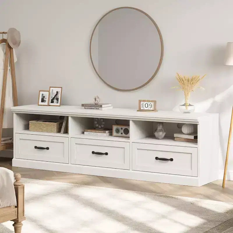 Mobile porta TV moderno stile Mid-Century da 70" – Bianco antico / Grigio / Legno, 3 cassetti e ripiani aperti