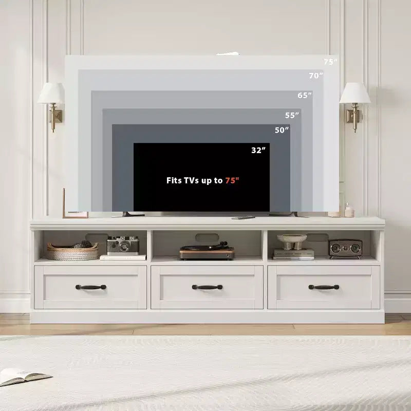 Mobile porta TV moderno stile Mid-Century da 70" – Bianco antico / Grigio / Legno, 3 cassetti e ripiani aperti