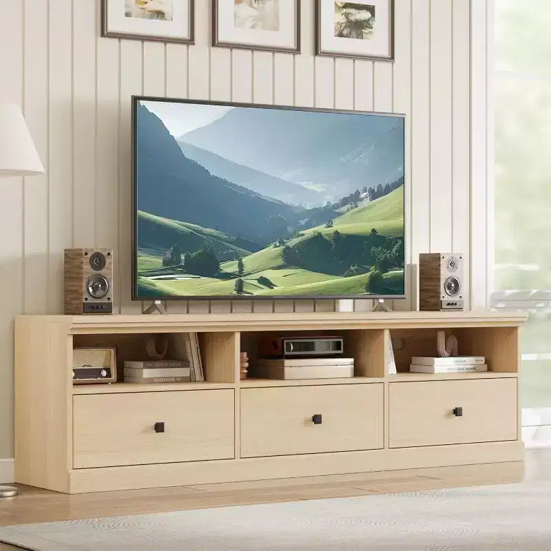 Mobile porta TV moderno stile Mid-Century da 70" – Bianco antico / Grigio / Legno, 3 cassetti e ripiani aperti