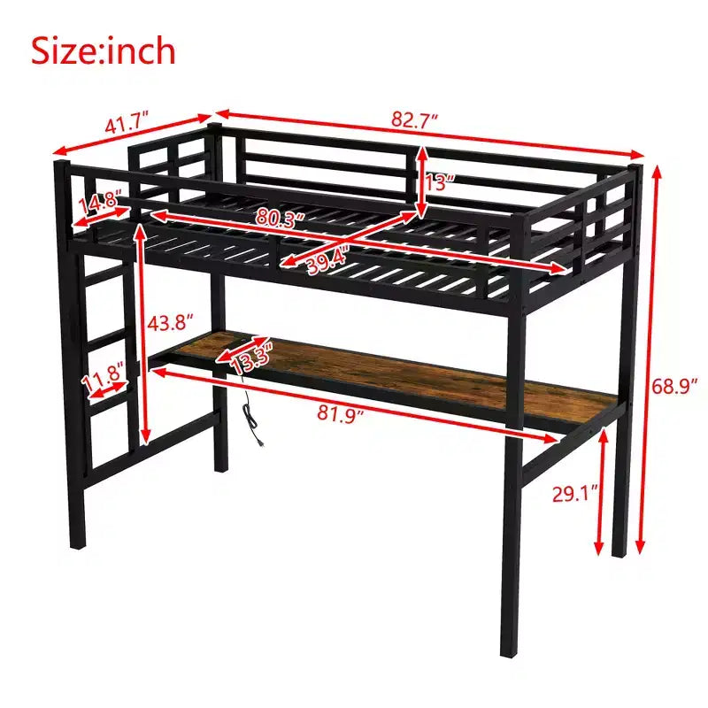 Letto a soppalco singolo (Twin XL) in metallo nero con LED RGB e scrivania