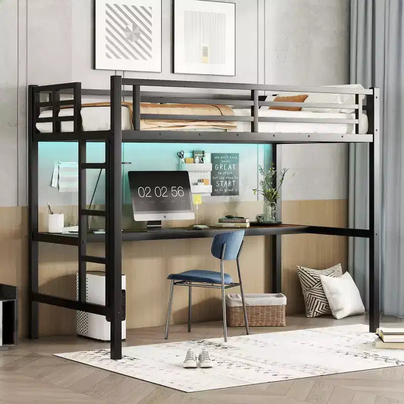 Letto a soppalco singolo (Twin XL) in metallo nero con LED RGB e scrivania