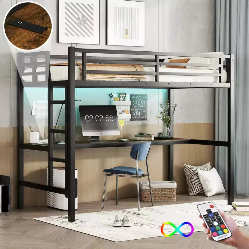 Letto a soppalco singolo (Twin XL) in metallo nero con LED RGB e scrivania