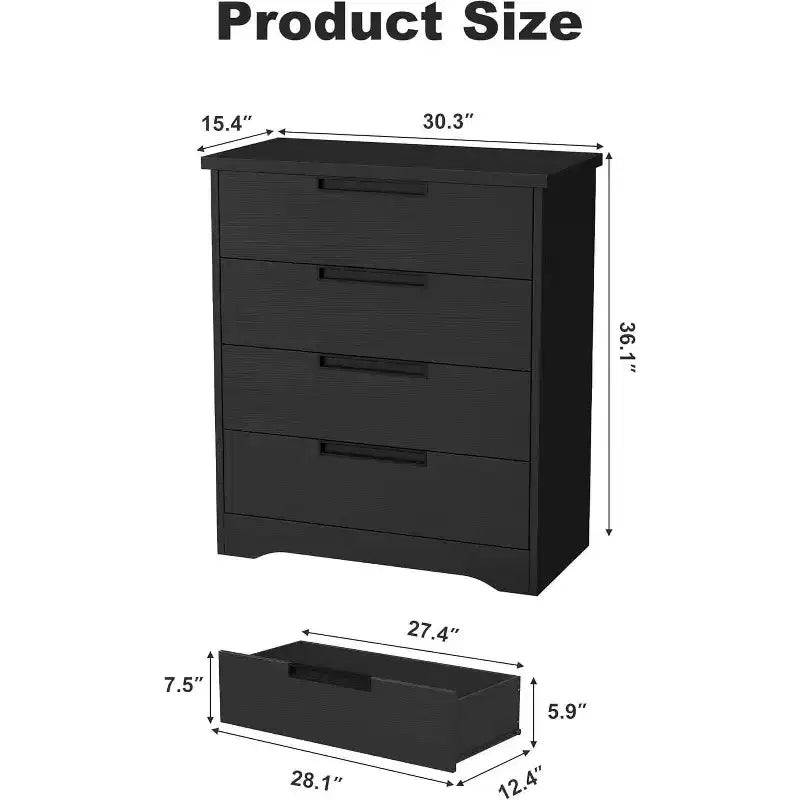 Comò nero a 4 cassetti, stile moderno, utente singolo