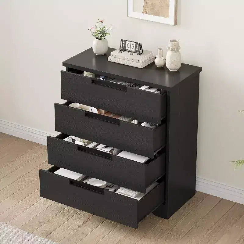 Comò nero a 4 cassetti, stile moderno, utente singolo