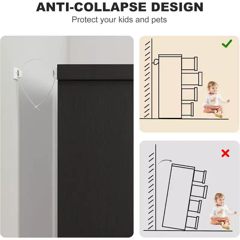 Comò nero a 4 cassetti, stile moderno, utente singolo