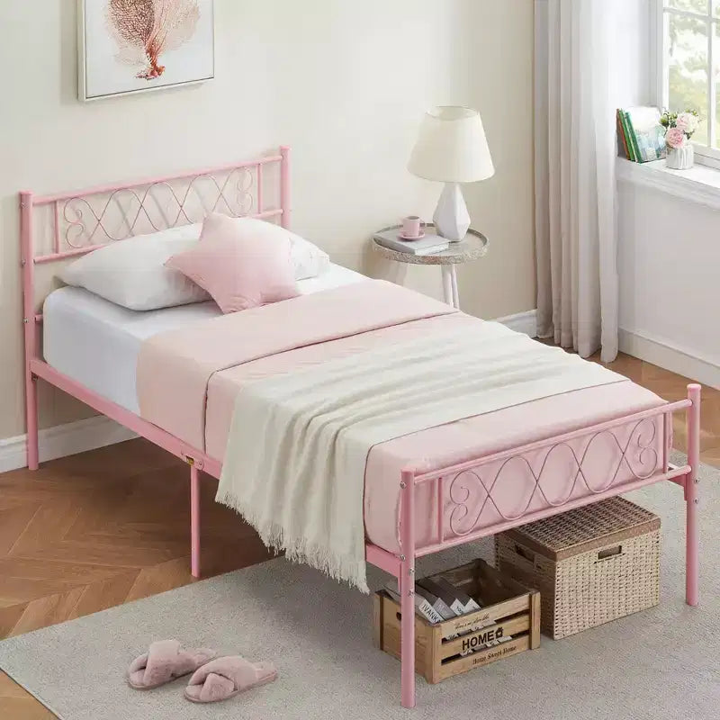 Telaio letto a piattaforma singolo in metallo con testiera e pediera, nero/rosa/viola/bianco, 1 persona