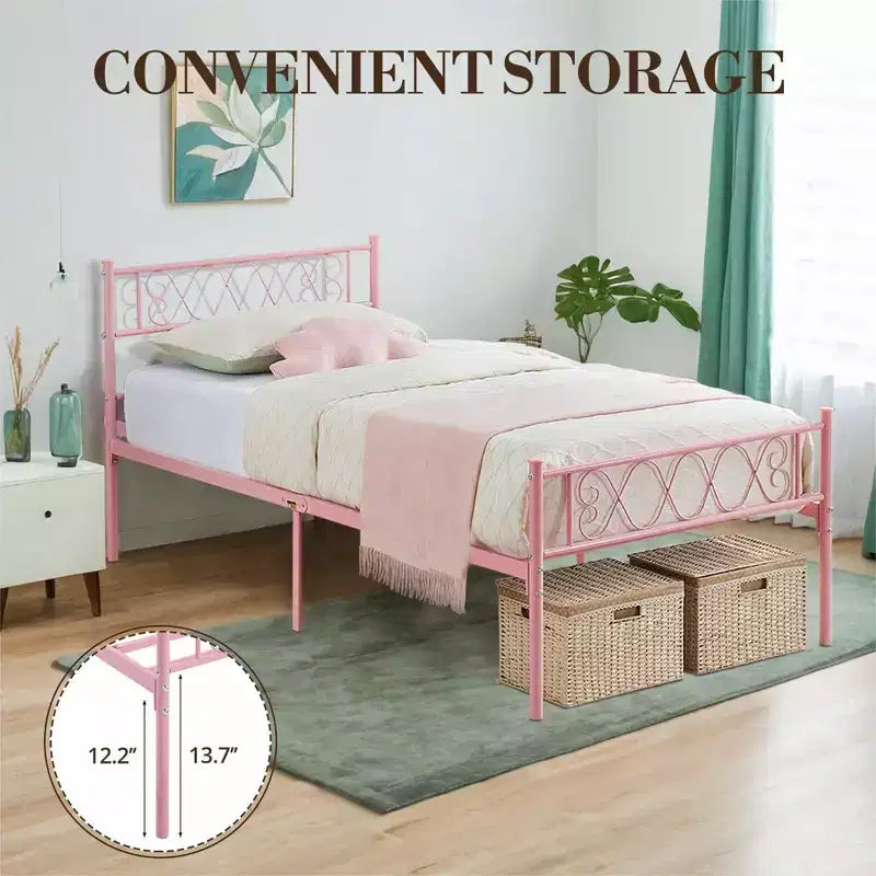 Telaio letto a piattaforma singolo in metallo con testiera e pediera, nero/rosa/viola/bianco, 1 persona