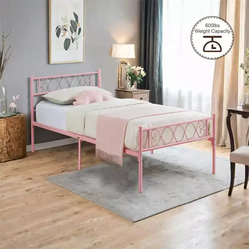 Telaio letto a piattaforma singolo in metallo con testiera e pediera, nero/rosa/viola/bianco, 1 persona