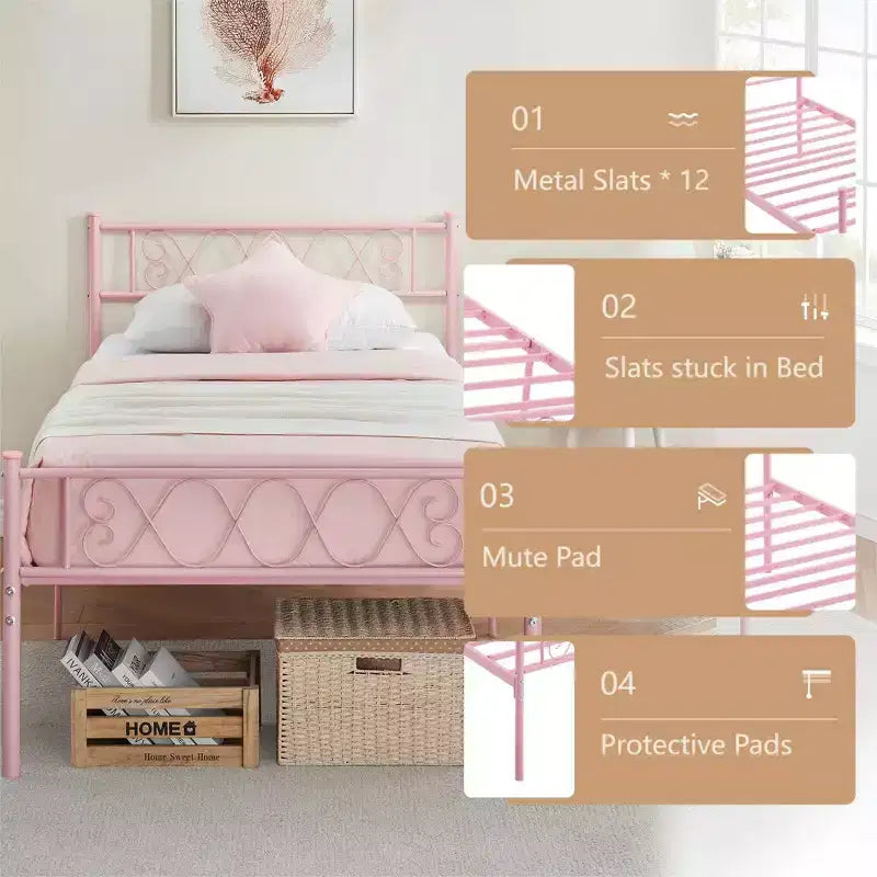 Telaio letto a piattaforma singolo in metallo con testiera e pediera, nero/rosa/viola/bianco, 1 persona
