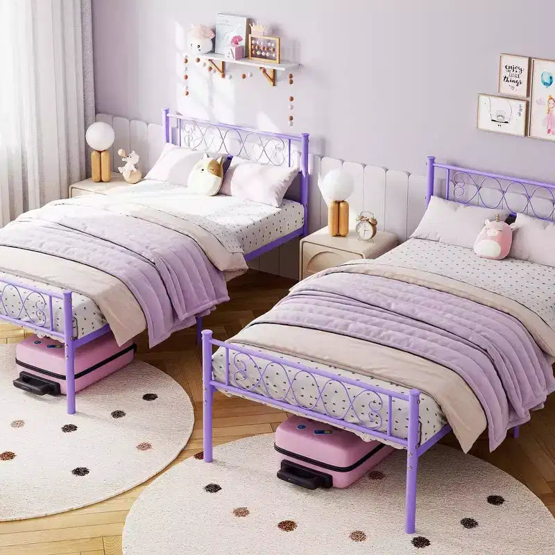 Telaio letto a piattaforma singolo in metallo con testiera e pediera, nero/rosa/viola/bianco, 1 persona