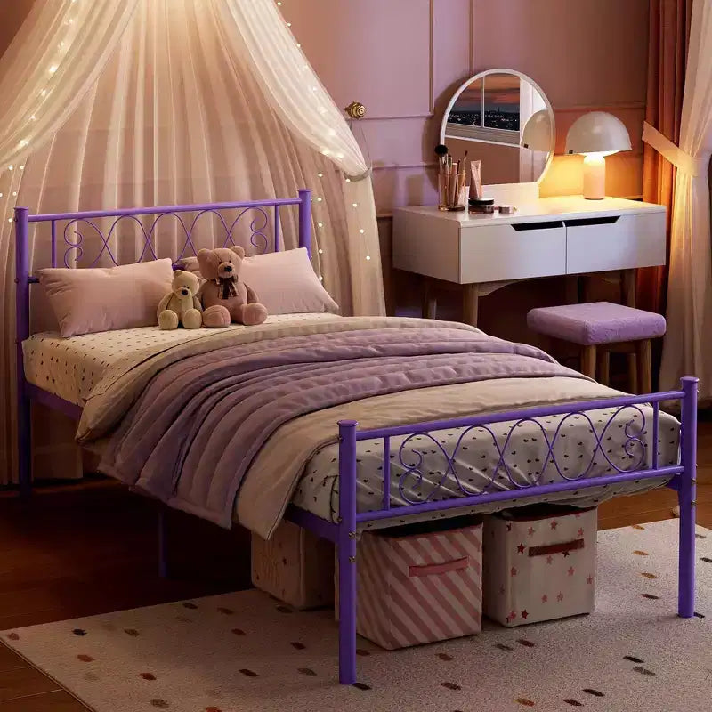 Telaio letto a piattaforma singolo in metallo con testiera e pediera, nero/rosa/viola/bianco, 1 persona