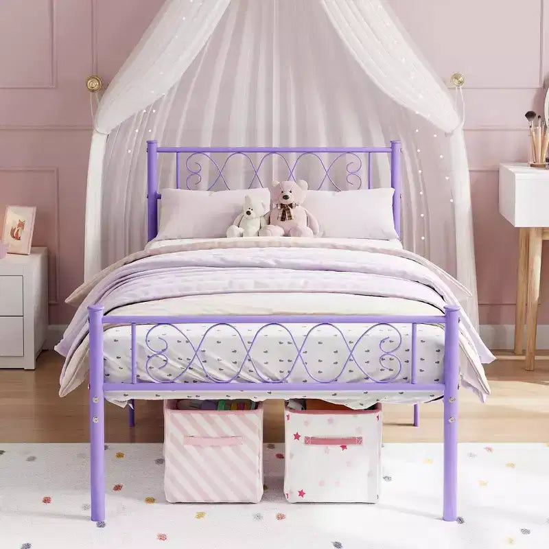 Telaio letto a piattaforma singolo in metallo con testiera e pediera, nero/rosa/viola/bianco, 1 persona