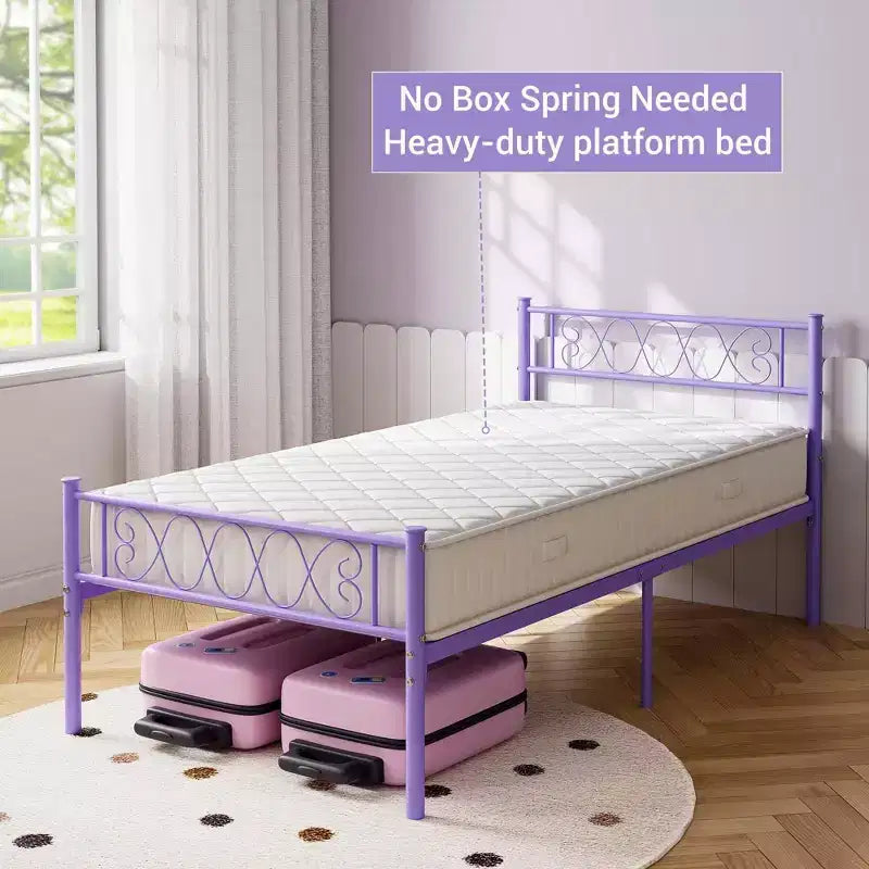 Telaio letto a piattaforma singolo in metallo con testiera e pediera, nero/rosa/viola/bianco, 1 persona