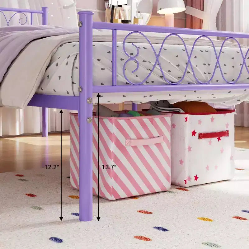 Telaio letto a piattaforma singolo in metallo con testiera e pediera, nero/rosa/viola/bianco, 1 persona