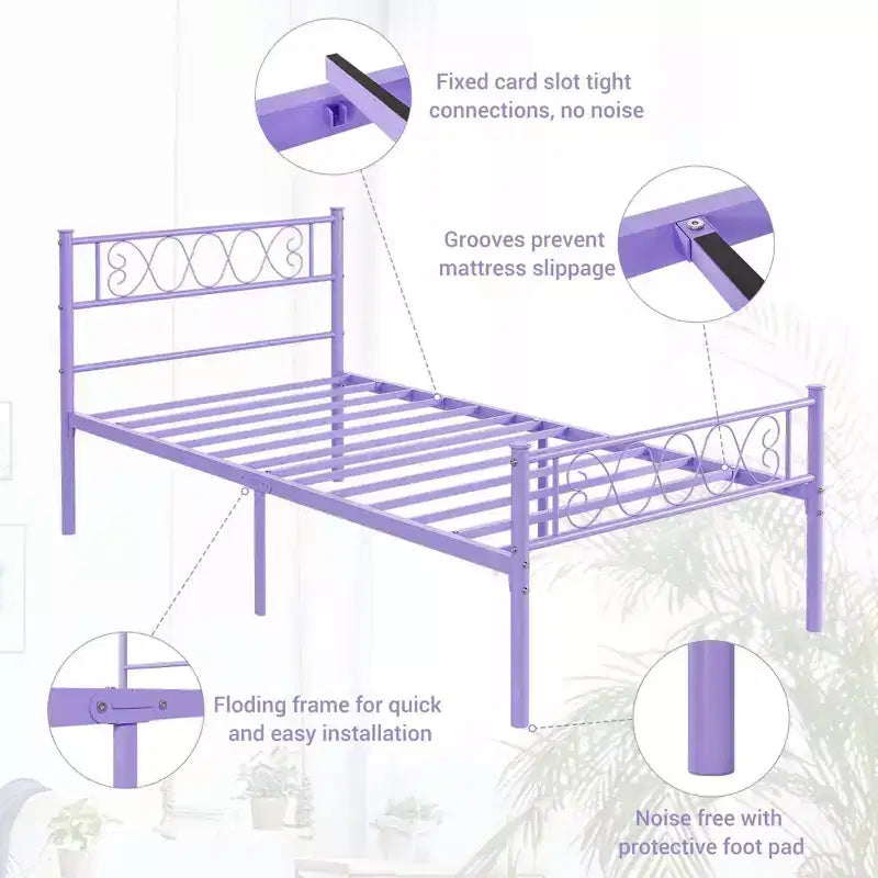 Telaio letto a piattaforma singolo in metallo con testiera e pediera, nero/rosa/viola/bianco, 1 persona