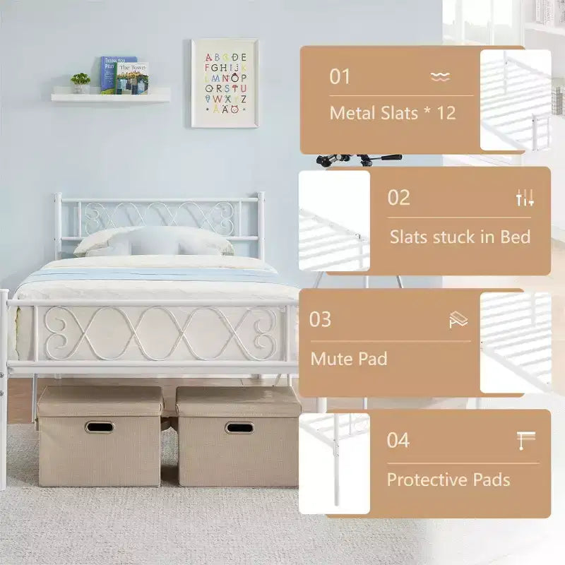 Telaio letto a piattaforma singolo in metallo con testiera e pediera, nero/rosa/viola/bianco, 1 persona