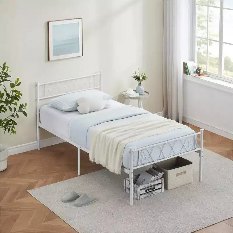 Telaio letto a piattaforma singolo in metallo con testiera e pediera, nero/rosa/viola/bianco, 1 persona