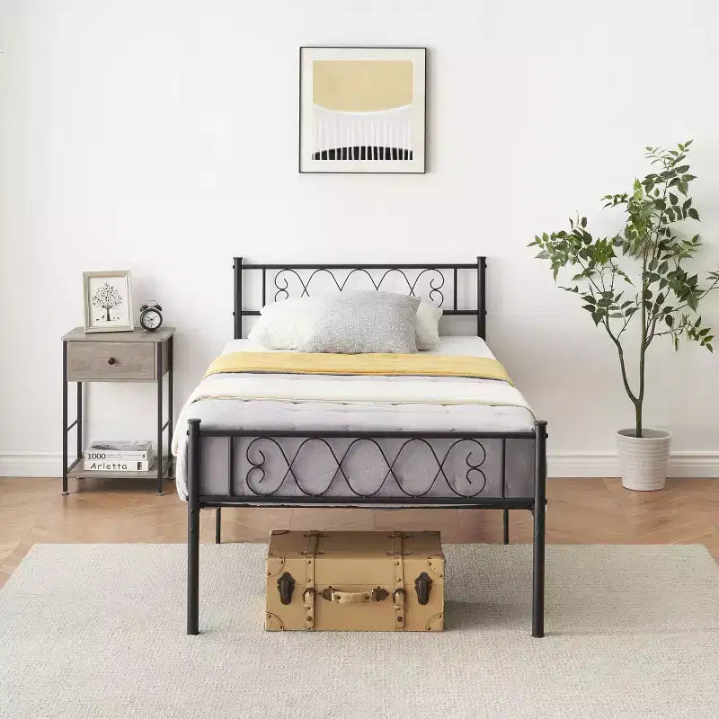 Telaio letto a piattaforma singolo in metallo con testiera e pediera, nero/rosa/viola/bianco, 1 persona