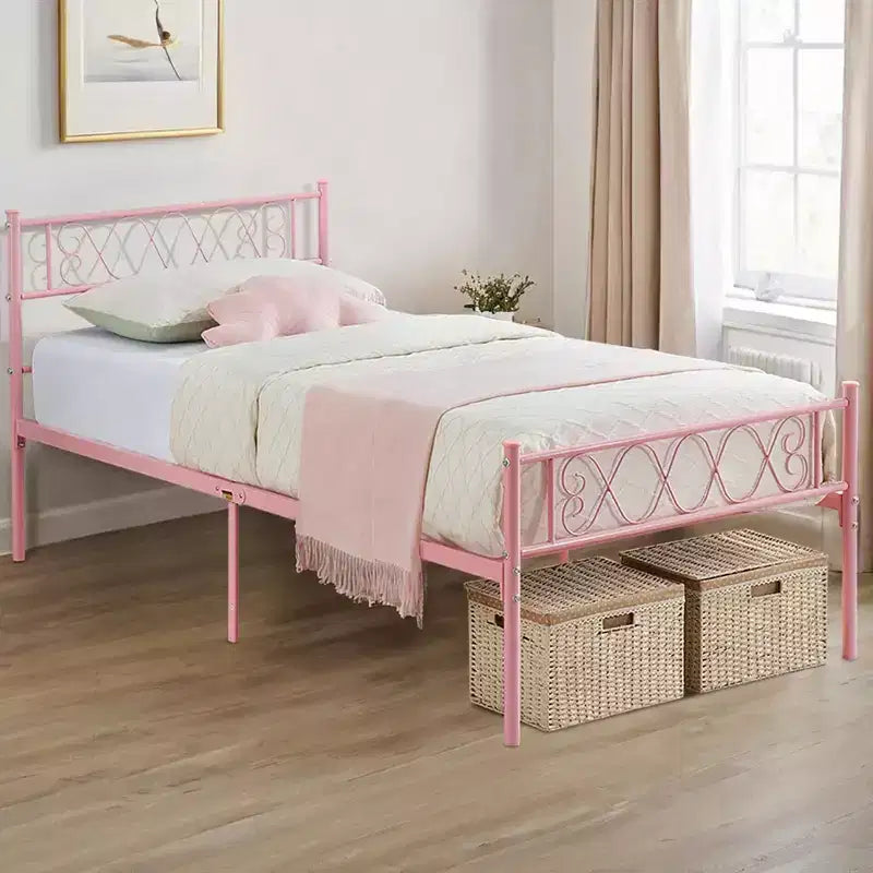 Telaio letto a piattaforma singolo in metallo con testiera e pediera, nero/rosa/viola/bianco, 1 persona