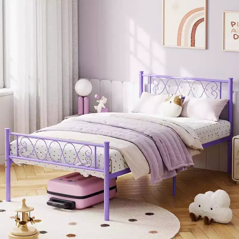 Telaio letto a piattaforma singolo in metallo con testiera e pediera, nero/rosa/viola/bianco, 1 persona