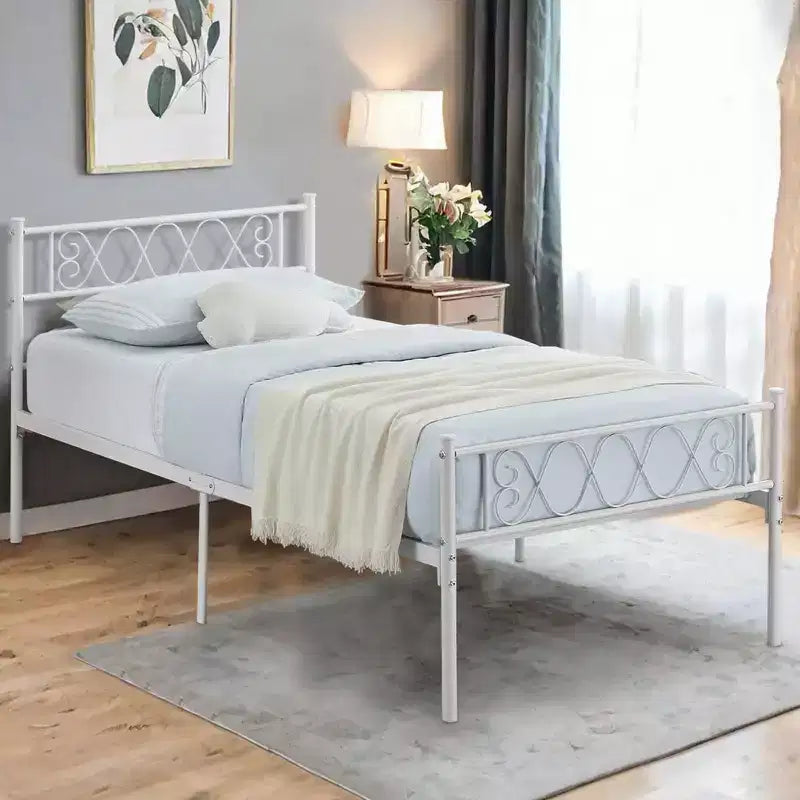 Telaio letto a piattaforma singolo in metallo con testiera e pediera, nero/rosa/viola/bianco, 1 persona