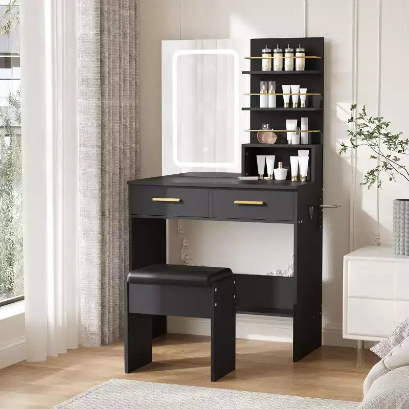 Toeletta Nera/Bianca con Specchio Illuminato, 2 Cassetti e Ripiani Aperti, Utente Singolo