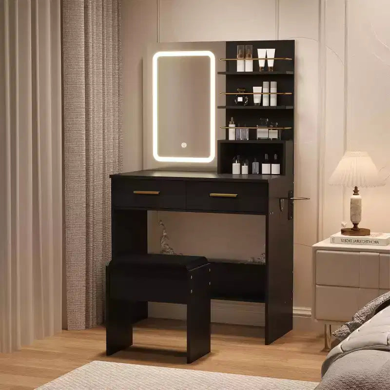 Toeletta Nera/Bianca con Specchio Illuminato, 2 Cassetti e Ripiani Aperti, Utente Singolo
